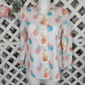 Chico's Button Front Pinapple Blouse with Roll Tab Sleeves Size 2 or Large